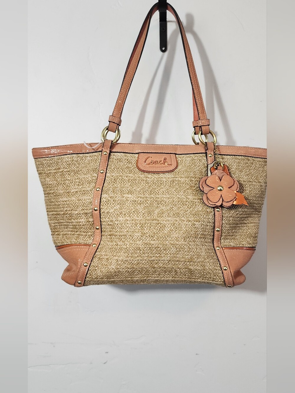 Coach Natural Straw Tote with Tan Leather Trim and Flower Charm